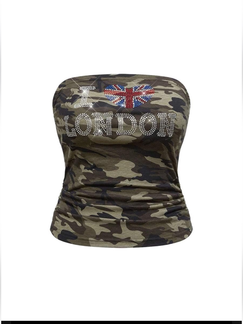 NWT Forever 21 Grunge Camo Strapless Tube Top w/Rhinestone 'I ♥ London', SIZE XS